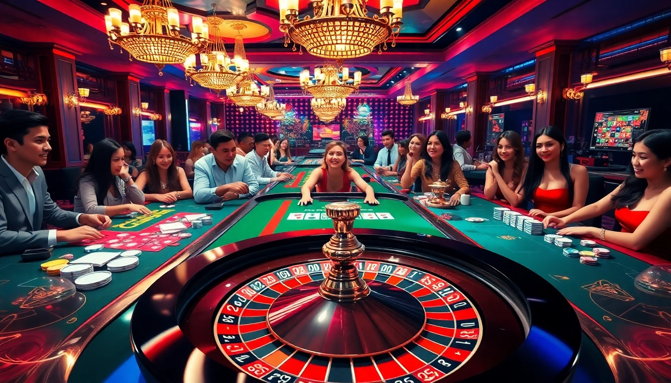 Engaged gamblers at https://topclub.space/ enjoying vibrant casino tables with colorful chips and cards.