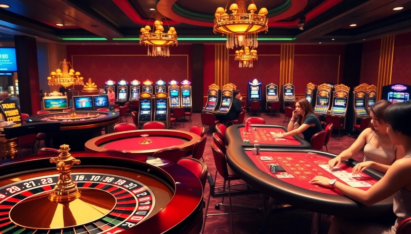 Engage in thrilling online gambling action at lc88 my, featuring luxurious casino tables and vibrant slot machines.