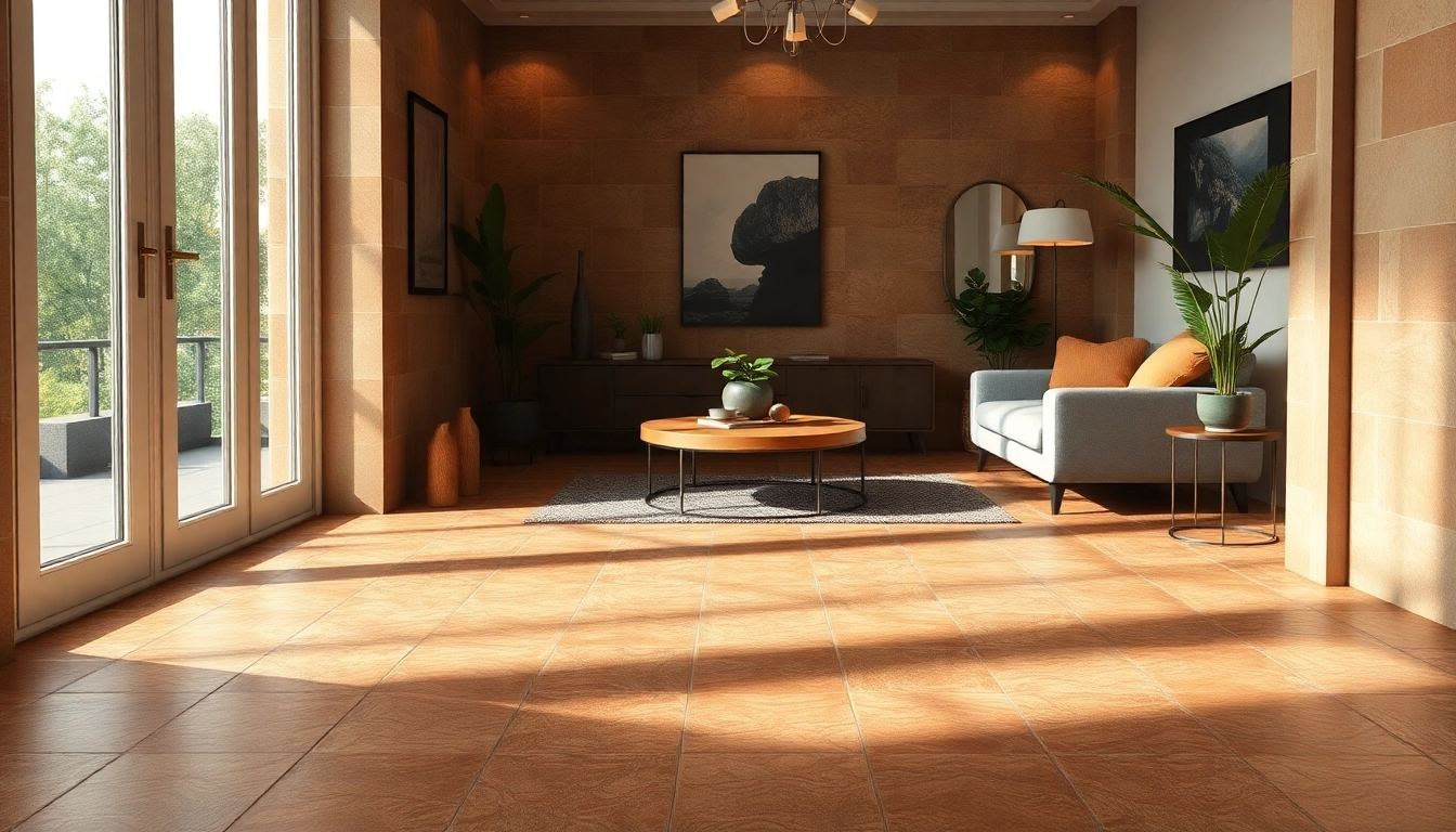 Intérieur élégant mettant en valeur du carrelage aux tons chauds et terreux dans un espace de vie moderne.