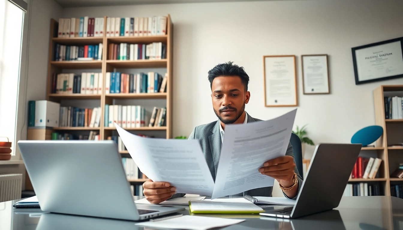 Expert en traduction certifiée examinant des documents bilingues dans un bureau professionnel.