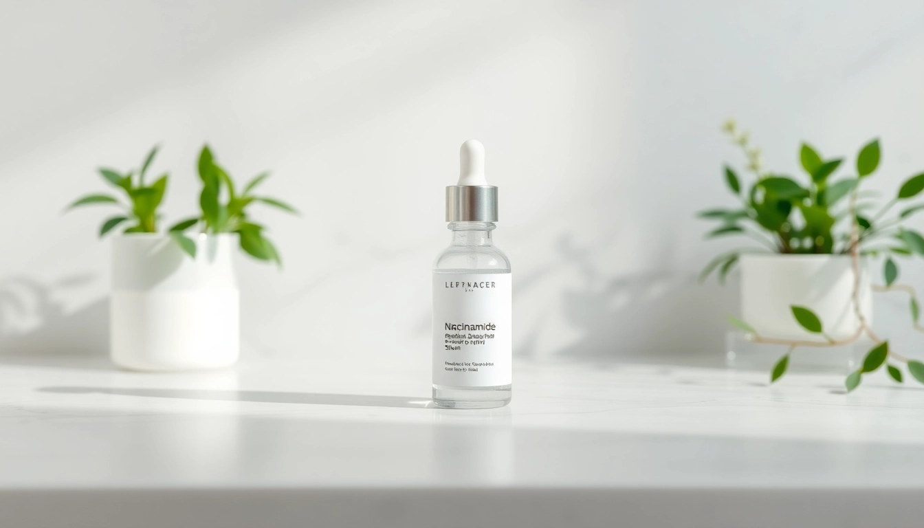 Elegant niacinamid-serum visas på en marmorbänk med gröna växter.