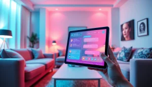 Interactive sexy ai chat experience displayed on a sleek tablet in a cozy living room.