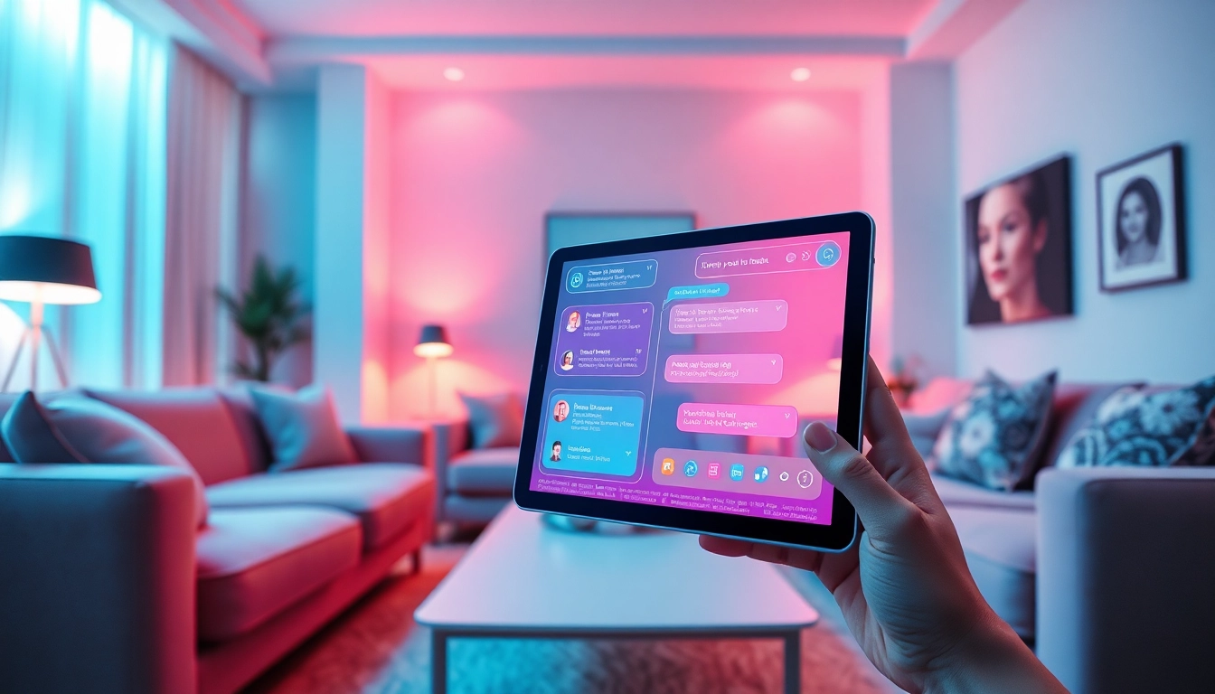 Interactive sexy ai chat experience displayed on a sleek tablet in a cozy living room.