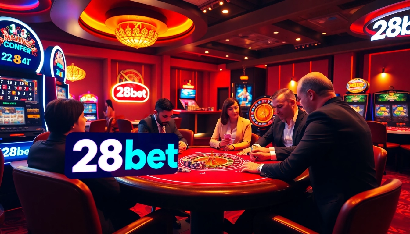 28bet players engaging intensely at a luxurious poker table with vibrant casino elements.