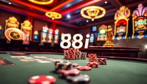 Players engage with the 88i casino table, filled with vibrant chips and cards for an exciting gaming experience.