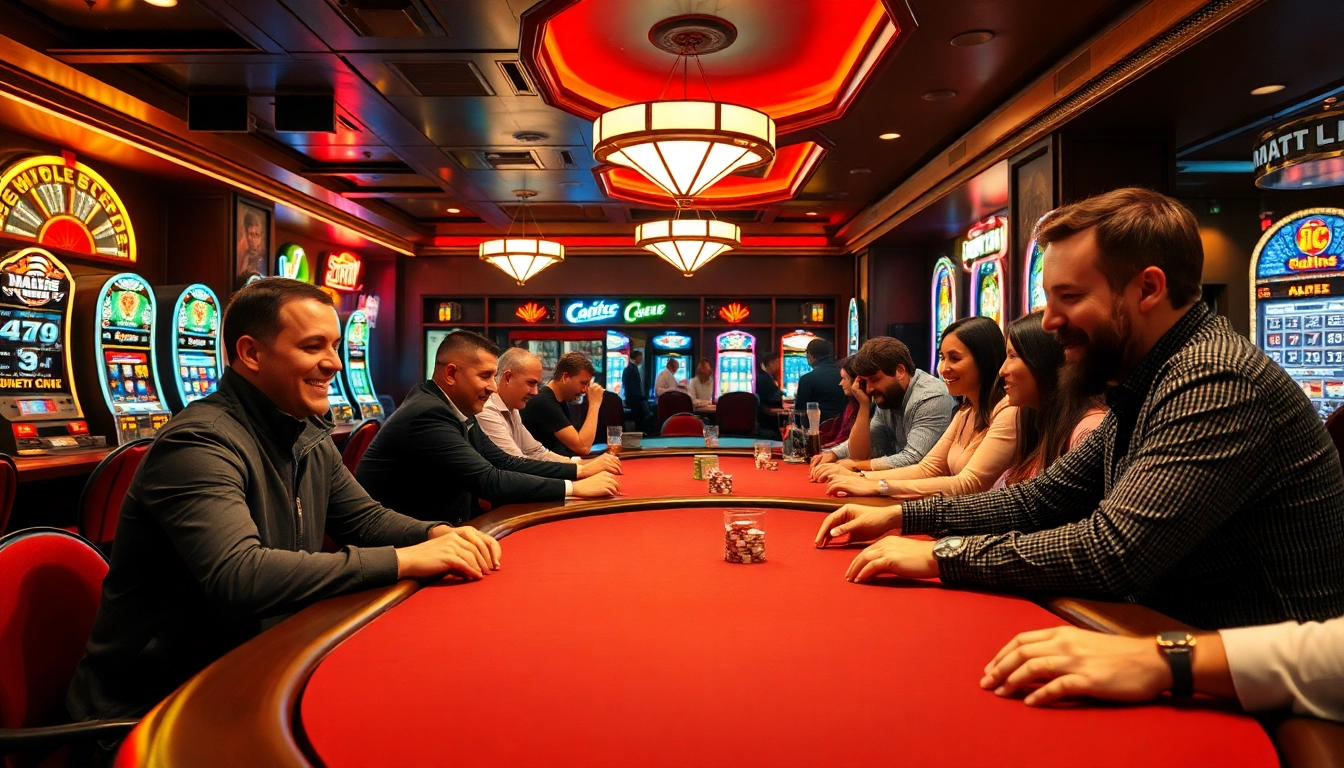 Casino en ligne belgique avec ambiance animée et joueurs autour des tables de jeu.