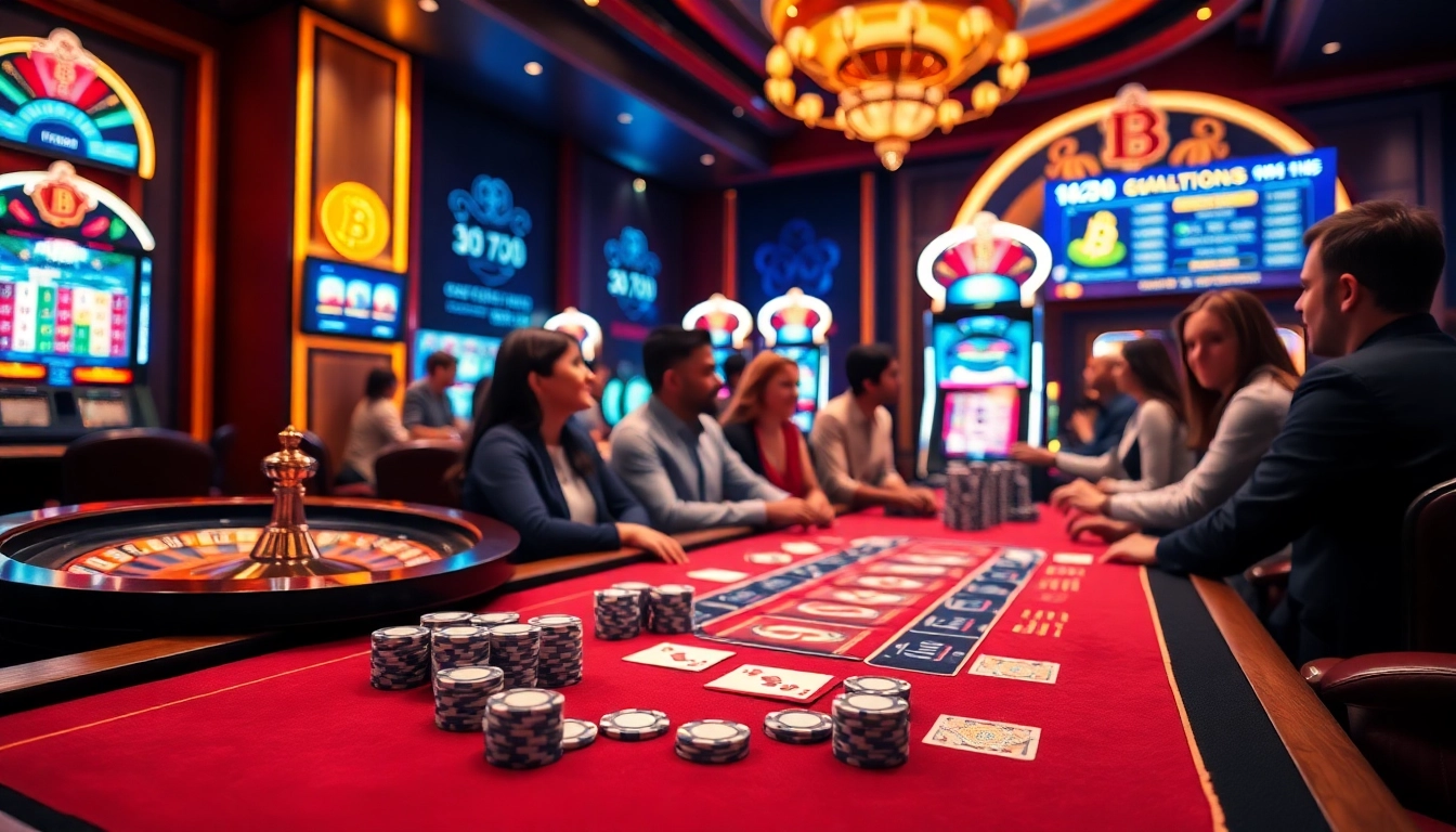 Excited players enjoying games at a Bitcoin casino with vibrant slot machines and a roulette wheel.