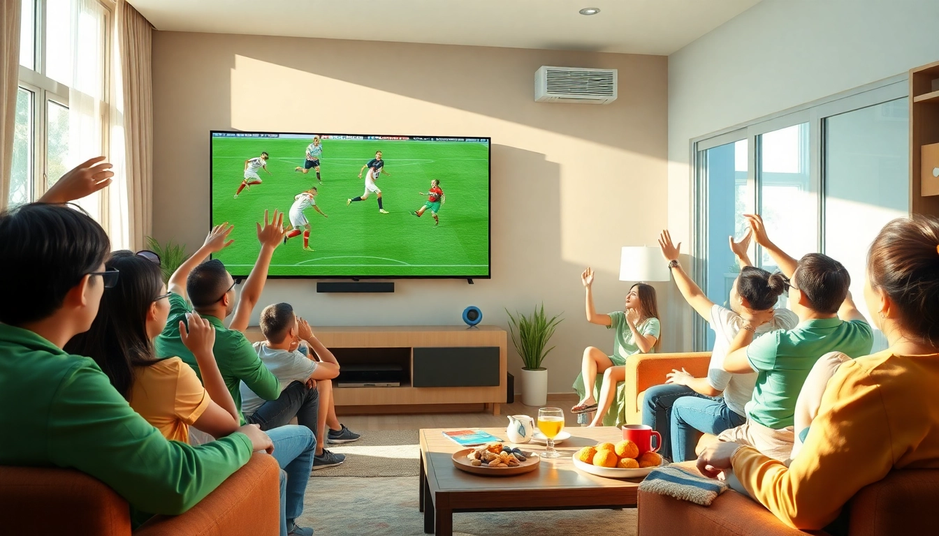 Excited football fans enjoying a match on Luongsontv in a cozy living room