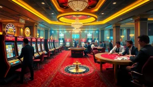 Excited gamblers playing slots and poker in a luxurious casino atmosphere at 555win com.