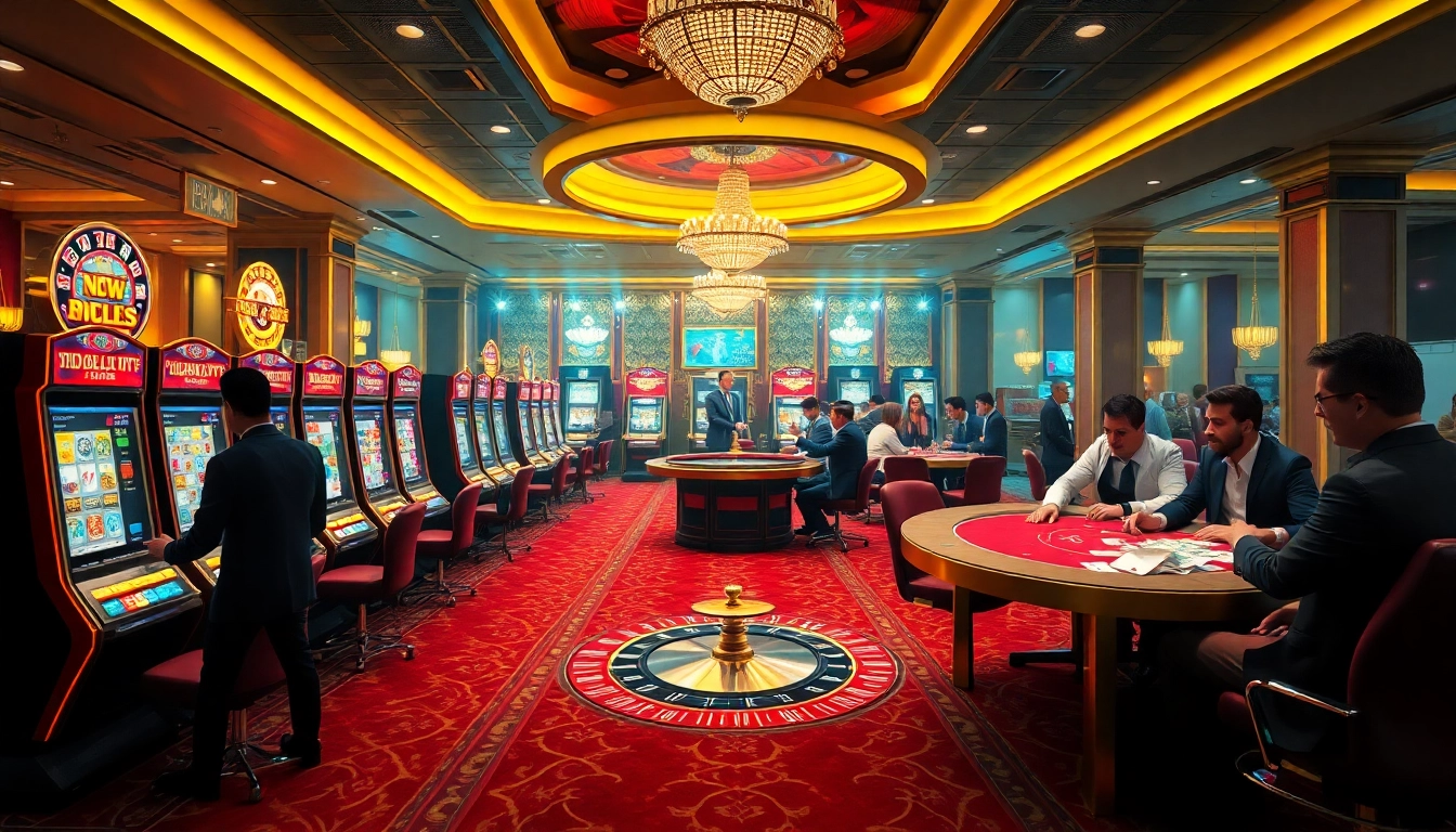 Excited gamblers playing slots and poker in a luxurious casino atmosphere at 555win com.