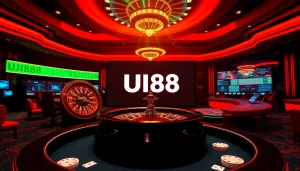 A thrilling gambling scene at UU88 featuring a roulette wheel and poker chips, capturing the excitement of online betting.