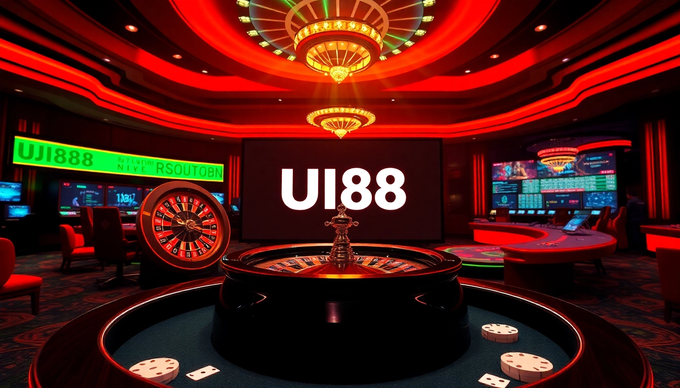 A thrilling gambling scene at UU88 featuring a roulette wheel and poker chips, capturing the excitement of online betting.