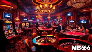 Players enjoying thrilling moments at MB66 casino tables with vibrant betting chips and slot machines.
