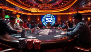 Engaging casino scene with players at a B52 poker table featuring colorful chips and cards.