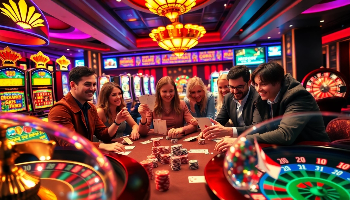 Joueurs profitant de jeux de casino représentant le site Paris Sportif France avec des jetons, des cartes et de l'excitation.