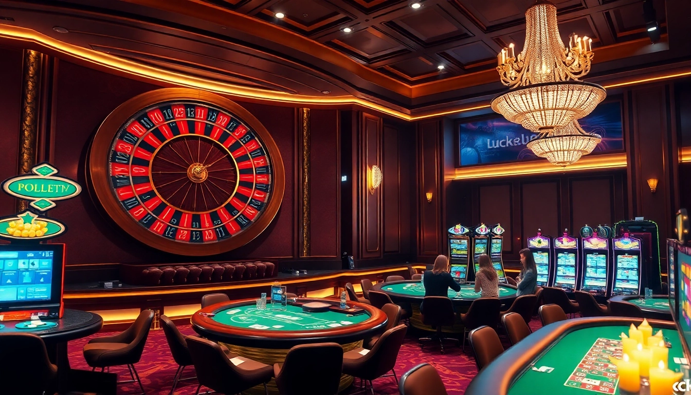 Experience the thrill of gaming at Trang chủ Luck8 in this vibrant casino atmosphere showcasing roulette and slot machines.