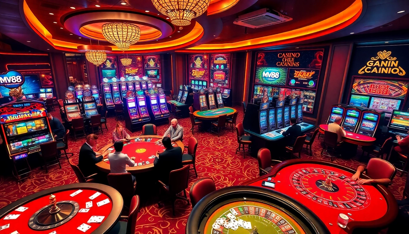 The vibrant casino atmosphere showcases players engaged in games related to mv88, highlighting excitement and luxury.