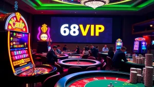 Players enjoying high-stakes gaming at 68VIP casino with vibrant tables and neon lights.