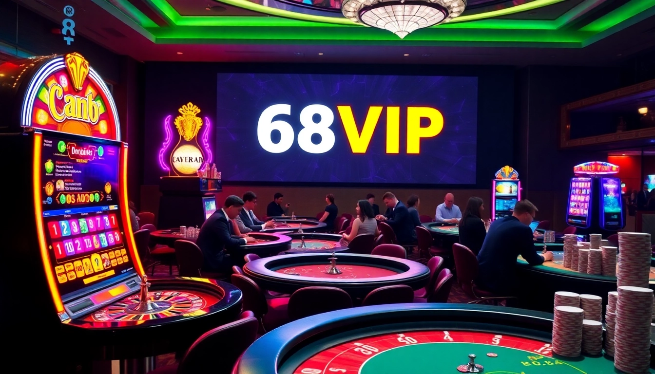 Players enjoying high-stakes gaming at 68VIP casino with vibrant tables and neon lights.