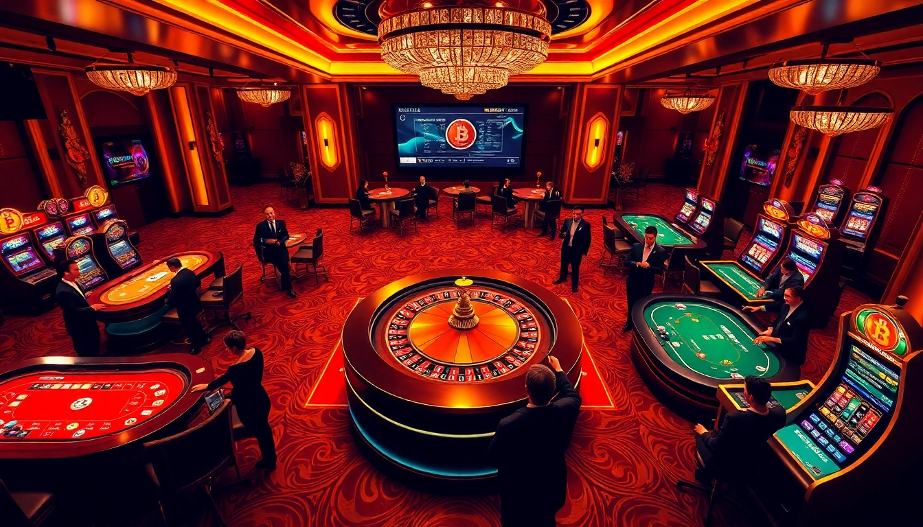 Experience the thrill of a vibrant Bitcoin casino atmosphere with players enjoying live tables and vibrant slot machines.