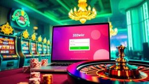 Experience đăng nhập 32win with an exciting online gambling scene featuring slot machines and a roulette wheel.