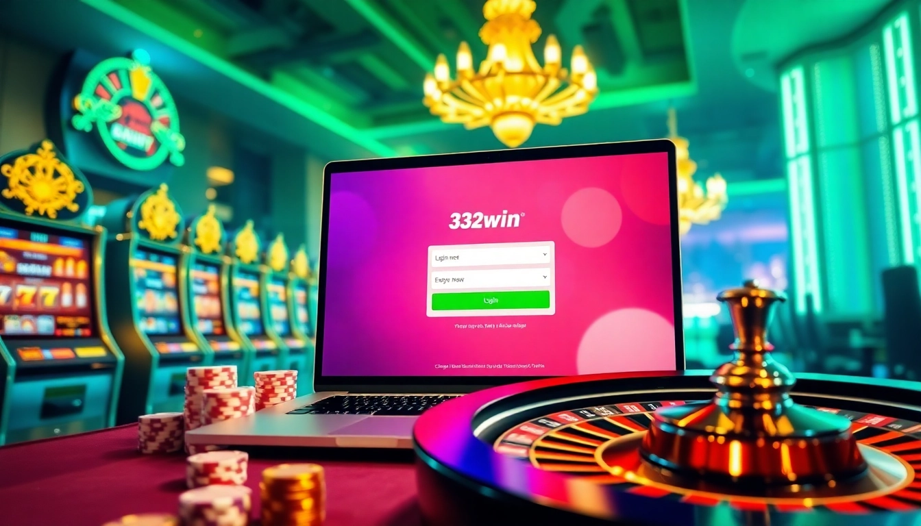 Experience đăng nhập 32win with an exciting online gambling scene featuring slot machines and a roulette wheel.