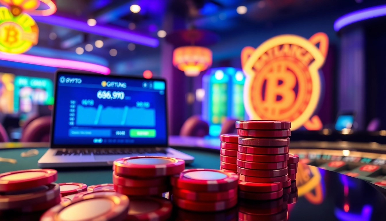 Jouer à un casino crypto en ligne avec des symboles de monnaies numériques et des jetons colorés.