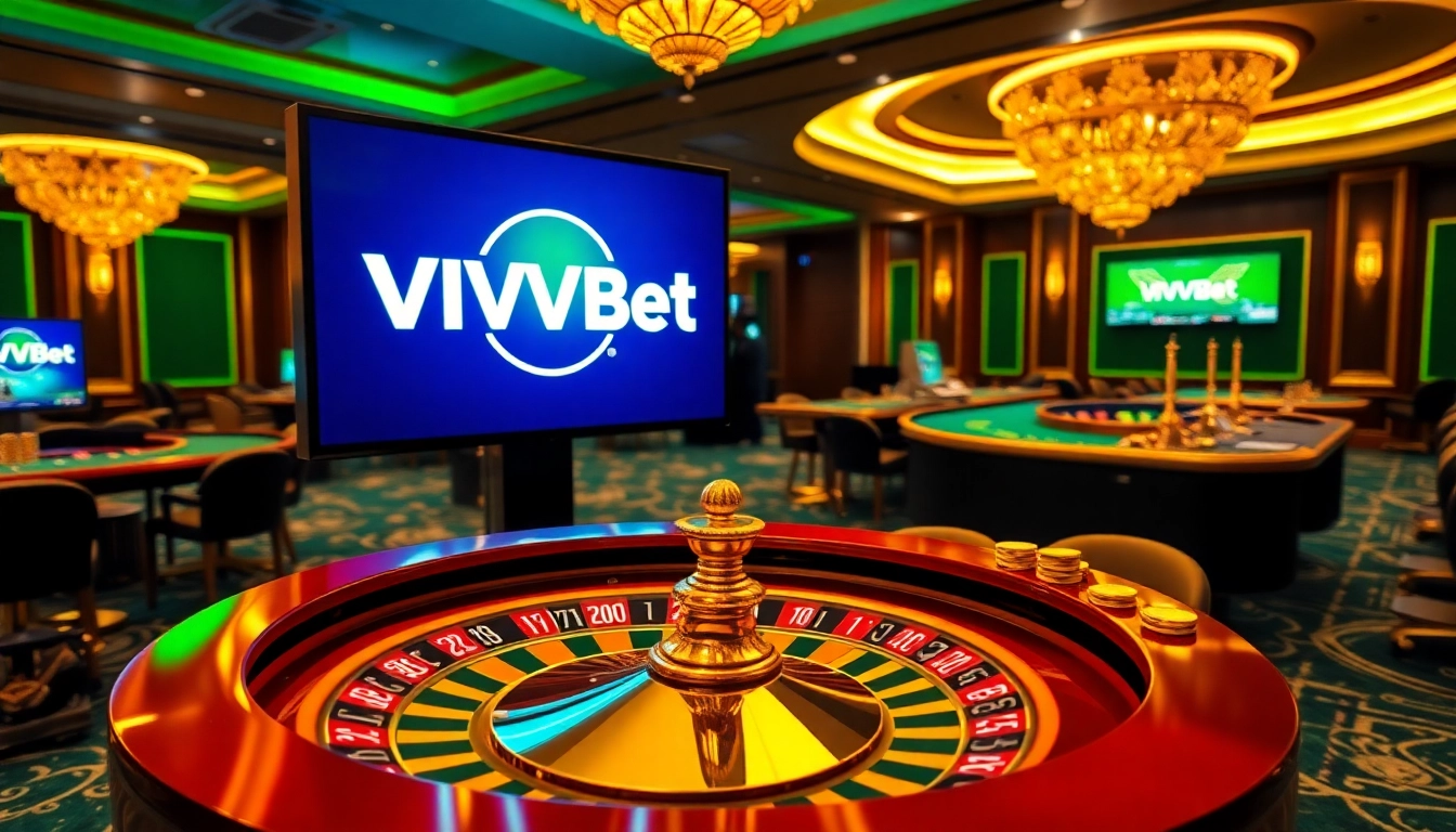 Interfaz de apuestas en línea de VVVBet con una ruleta y fichas de póker, que muestra una escena de casino de lujo.