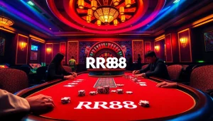 Experience exciting gambling action with RR88 at a professional poker table setting.