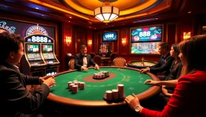 Experience the excitement at u 888 casino with players at a lively poker table.