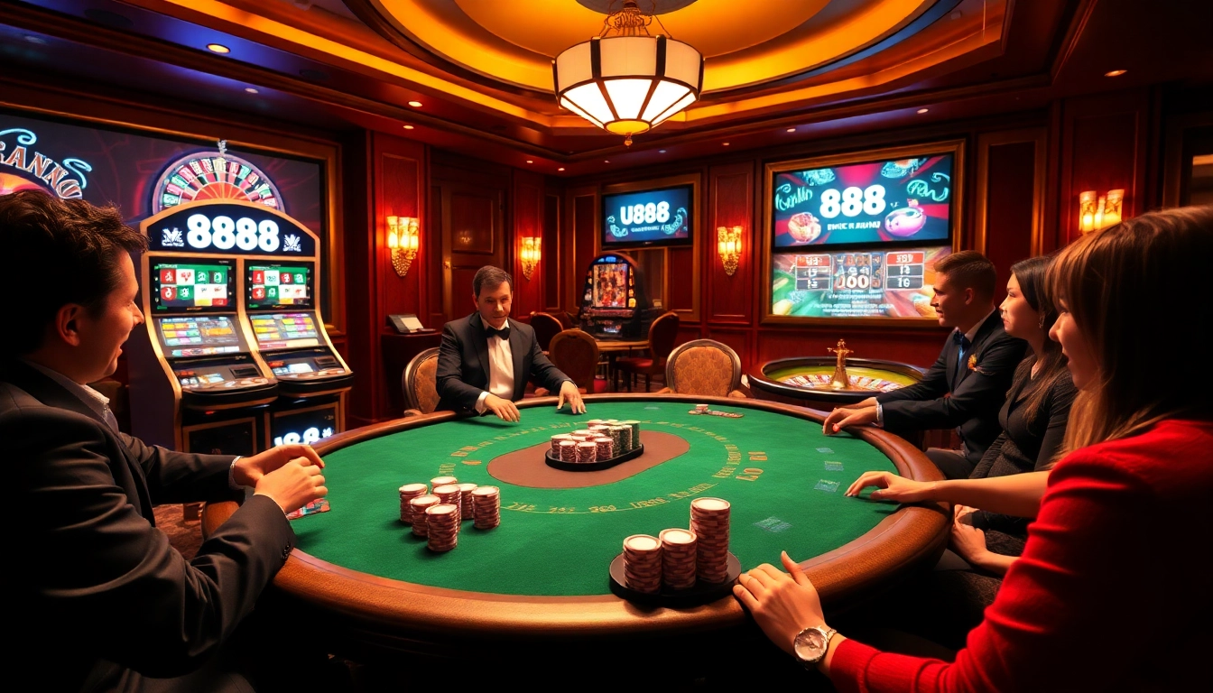 Experience the excitement at u 888 casino with players at a lively poker table.