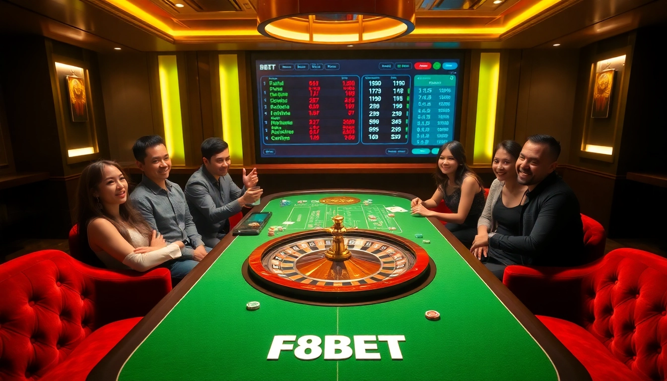Thrilling F8BET casino gaming atmosphere showcasing players at an exciting table.