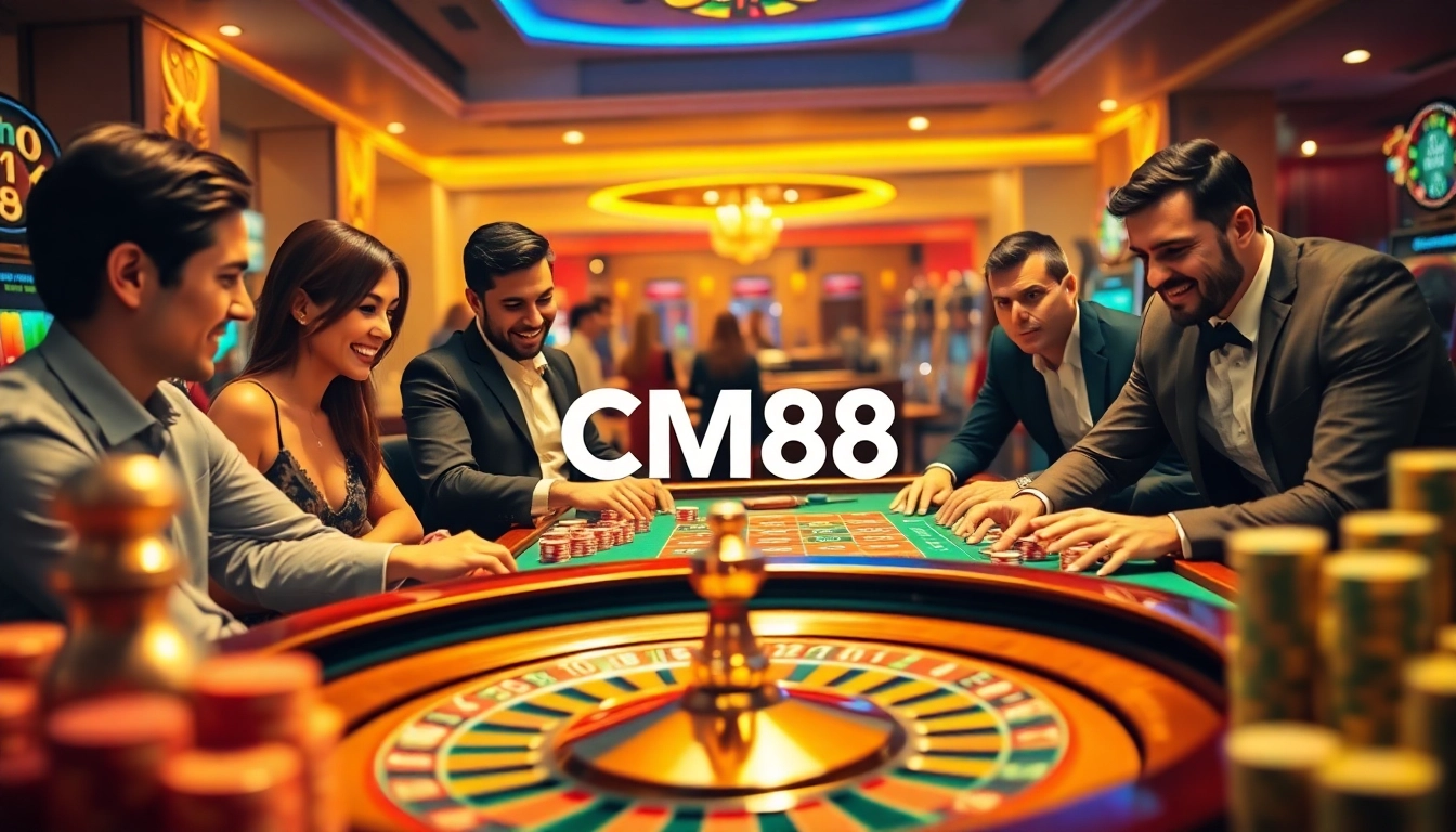 Exciting online gambling scene featuring CM88 digital interface, roulette wheel, and engaged players.