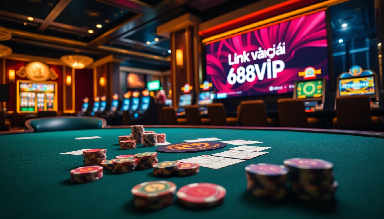 Experience the excitement of gambling with Link Vào Nhà Cái 68VIP featuring vibrant casino tables and digital interfaces.