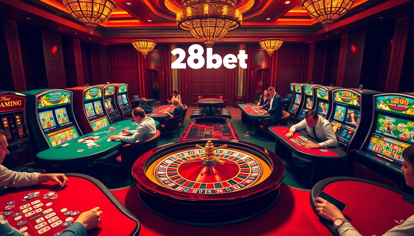 Experience the thrill of winning at 28bet with vibrant casino tables and spinning roulette wheels.