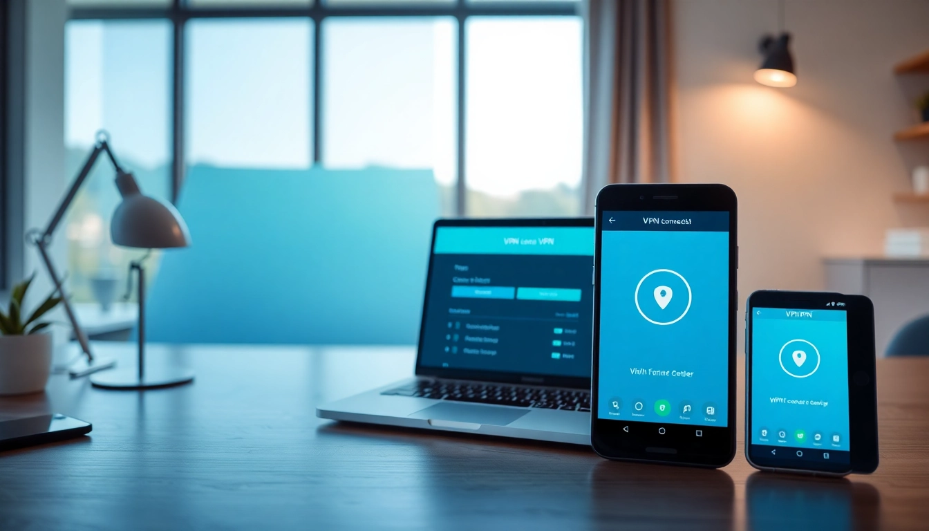 在现代工作区的多设备上显示的快连VPN用户友好界面。